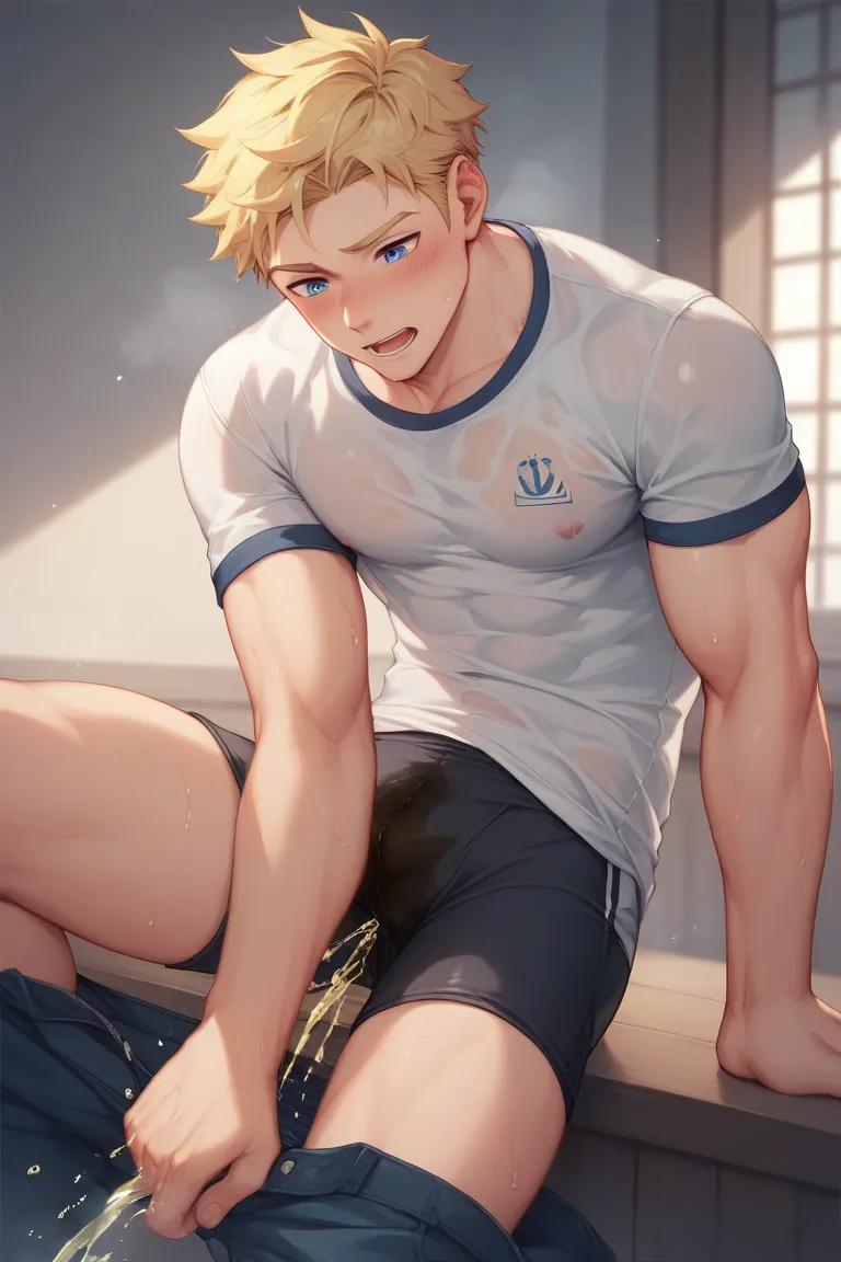 A age 12 muscular young boy with blonde hair and blue eyes, morning king chamber, he is a king, wearing black short swimsuit, white short sleeve shirt. He is peeing himself. He couldn't hold his pee anymore. There is a large pee wet spot on his pants. Pee ...