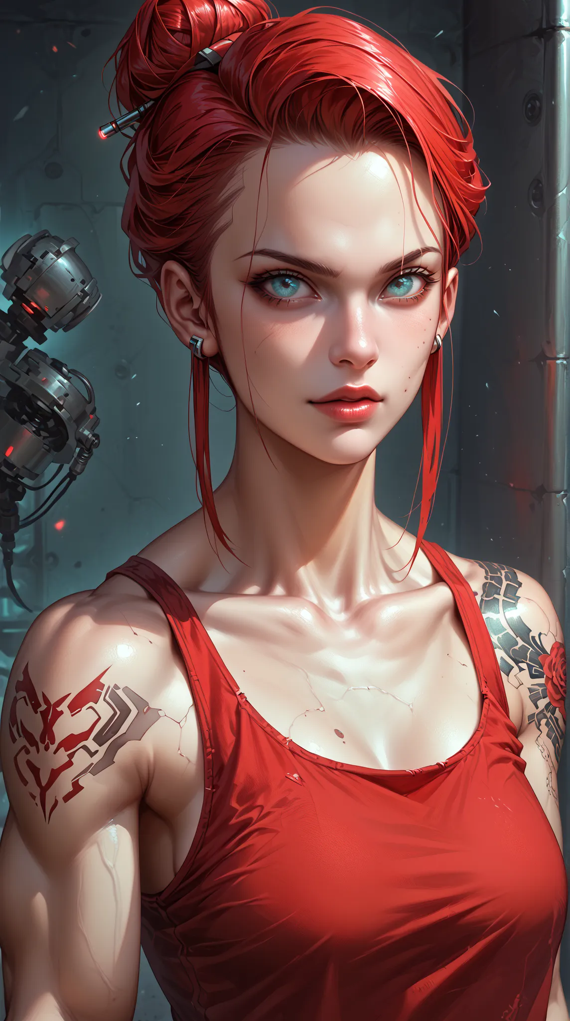  a highly detailed digital illustration ， recounts a stunning cyberpunk female's ribs and clavicles Neon ，  skin is porcelain skin  ， thin and muscular ，And a ferocious ， confident e[xpression 。 Her long red hair tied into a high messy bun， loose band form...