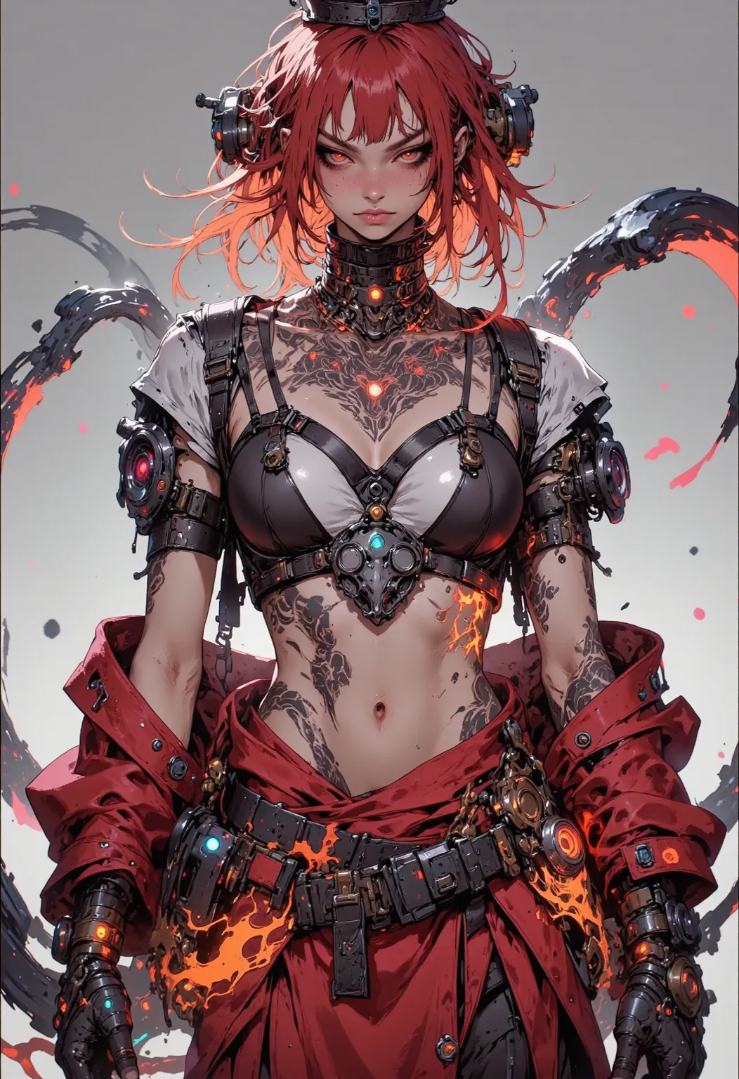  a highly detailed digital illustration ， recounts a stunning cyberpunk female's ribs and clavicles Neon ，  skin is porcelain skin  ， thin and muscular ，And a ferocious ， confident e[xpression 。 Her long red hair tied into a high messy bun， loose band form...