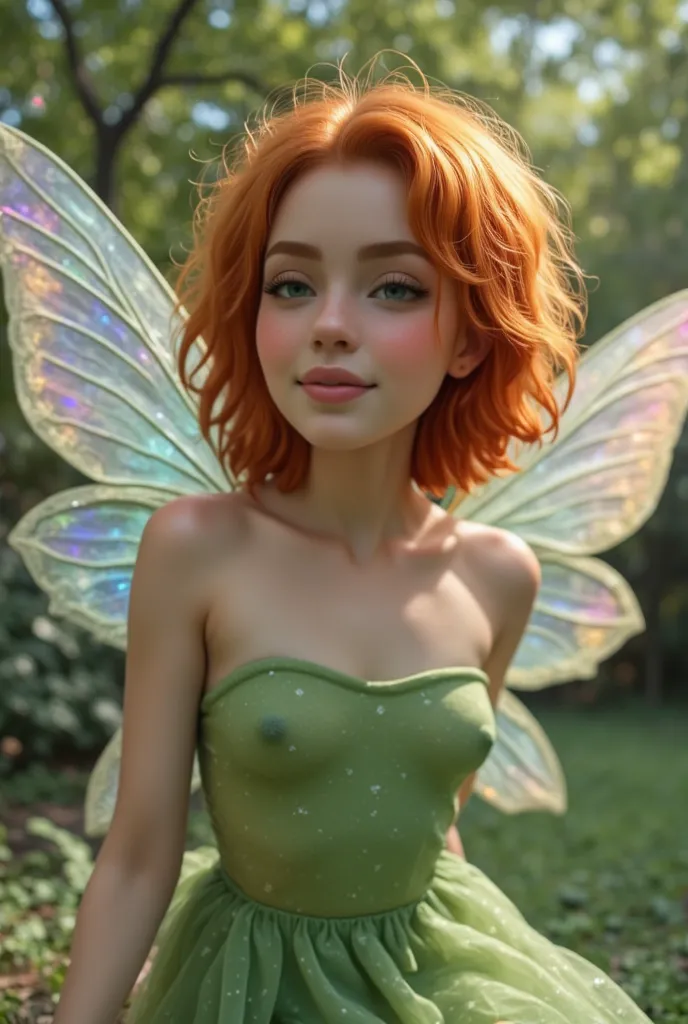 Smiling Beauriful ginger haired woman fairy, in green fairy dress, iridescent fairy wings 