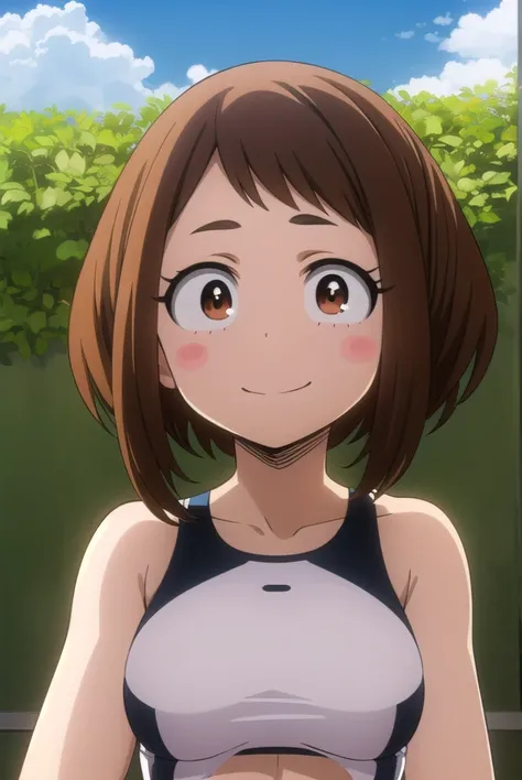 ochakouraraka,  Ochako Uraraka , (coordination point:1.5), (brown eyes:1.5), brown hair, short hair, blush, blush stickers, smile,
 Ahegao Big Breasts,  mind control,hypnosis,hypnotized,empty eyes,heart-shaped pupils purple swimsuit bare stomach 
Hair bow,...