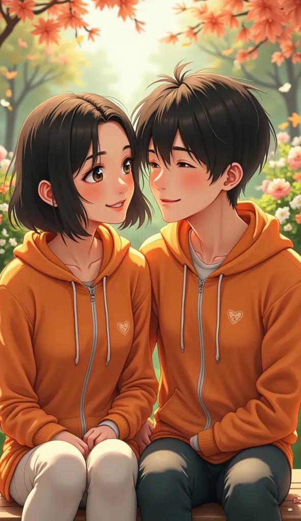 Two anime-style young couple. bright skin sharp jawline black hair very handsome man. The couple depicted sitting close together outdoors.  They are positioned in the mid-frame, slightly angled towards each other.  Both individuals have light skin. They ar...