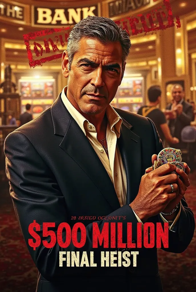 Main Focus: Danny Ocean (George Clooney) with a confident smirk, holding a casino chip or a briefcase full of cash.


2. Background: A luxurious Las Vegas casino, slightly tilted to give a chaotic feel, with the casino’s name “The Bank” glowing in the dist...