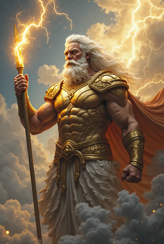 Zues holds a lightning, skinny, golden armor, shoes, beautiful beard