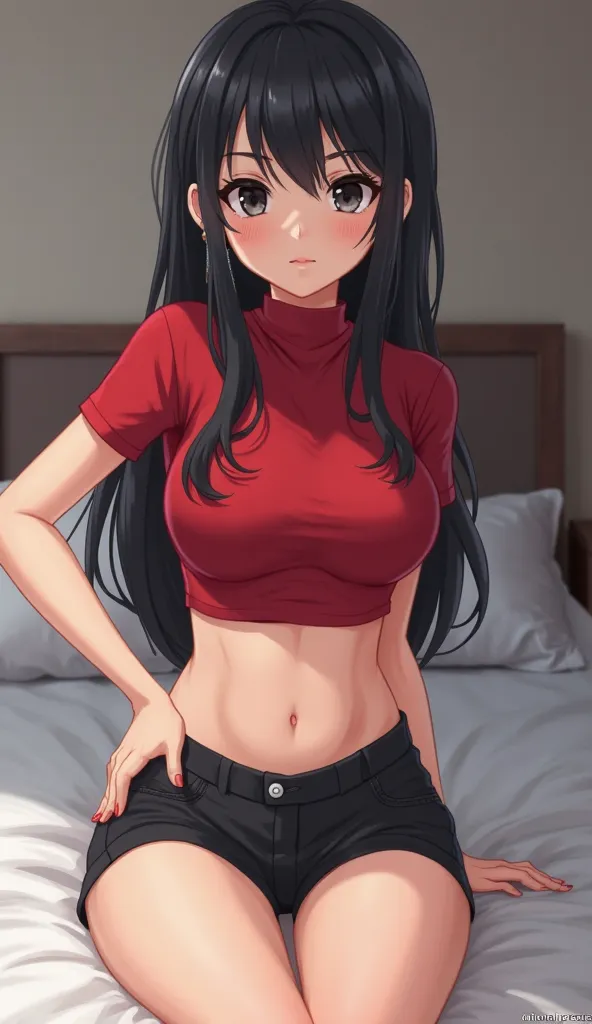 Anime, a lady wearing a red tight short sleeved crop top and black shorts. her hair is black long, straight, and have bangs, adorned with earrings. her eyes are black, and has an eyeliner. she's about 18 to 20 years of age and petite, and confident. the ba...