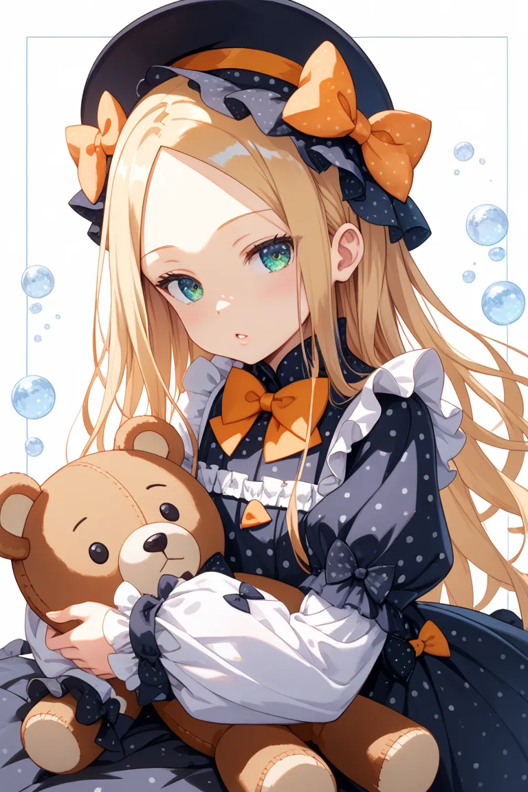 best quality, masterpiece, high resolution, Alone, {Abigail_ Williams_fgo:1.15}, length_hair, 前hair, parted_前hair, blond with a big face_hair, bow, green_eye,  orange_bow, black_bow, forehead, hair_bow, , polka_dot, polka_dot_bow,  very_length_hair, chest,...