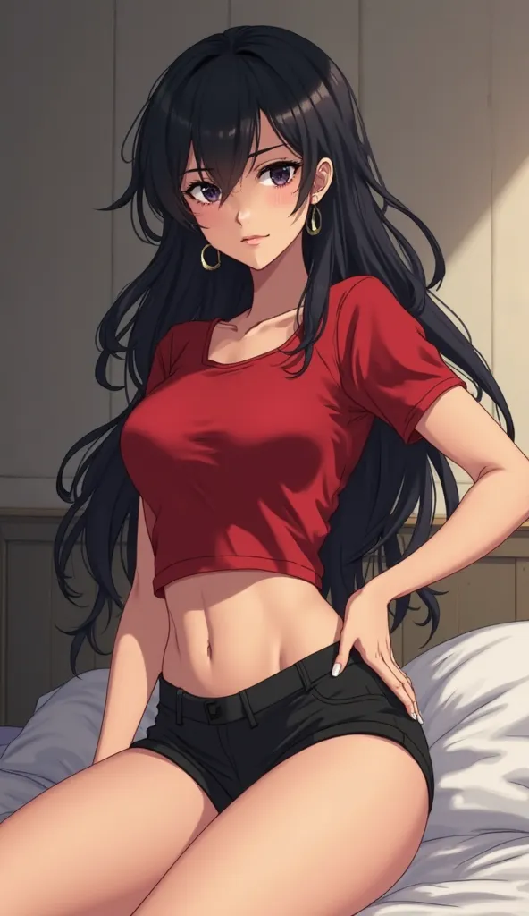 Anime, a lady wearing a red tight short sleeved crop top and black shorts. her hair is black long, wavy, and yet having a straight line front bangs, adorned with earrings. her eyes are black, and has an eyeliner. she's about 18 to 20 years of age and petit...