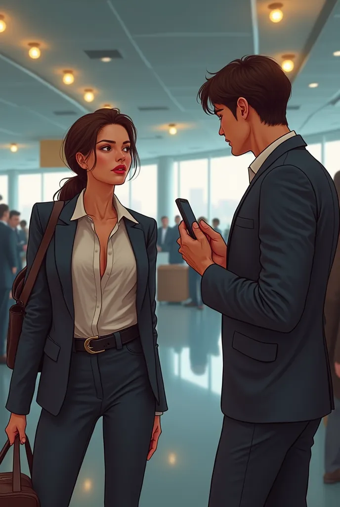 Generate a cinematic art style of a extremely attractive Businesswoman's trying to communicate in English while traveling , in business suit, open jacket, unbuttoned suit,wearing formal shirt TUCKED in skintight pants and black buckle belt , but without su...