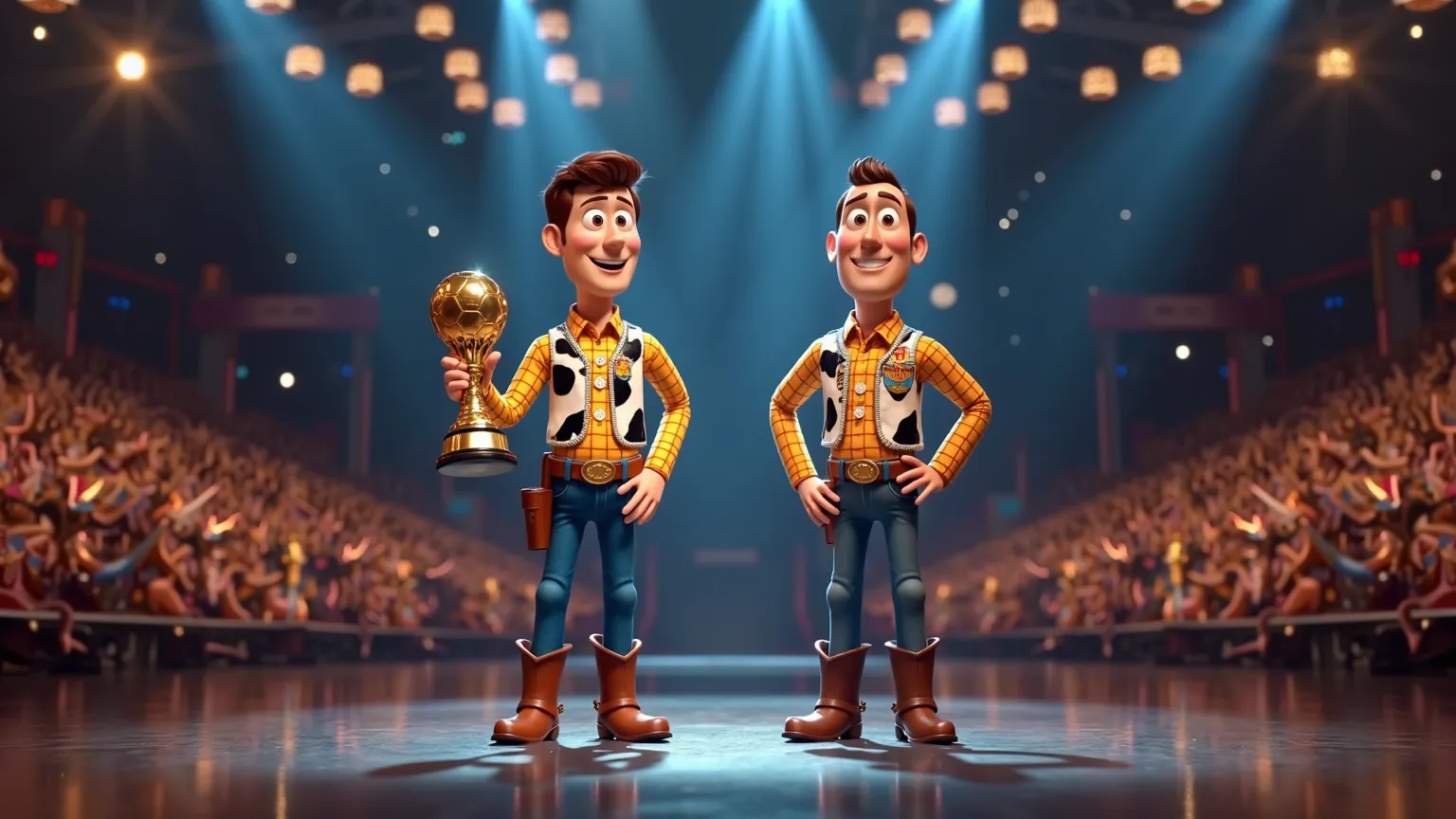 "A 3D Toy Story. Lionel Messi and Karim Benzema are on stage holding their respective trophies, -style Ballon d'Or ceremony with bright lights illuminating the background and cameras capturing the moment."

