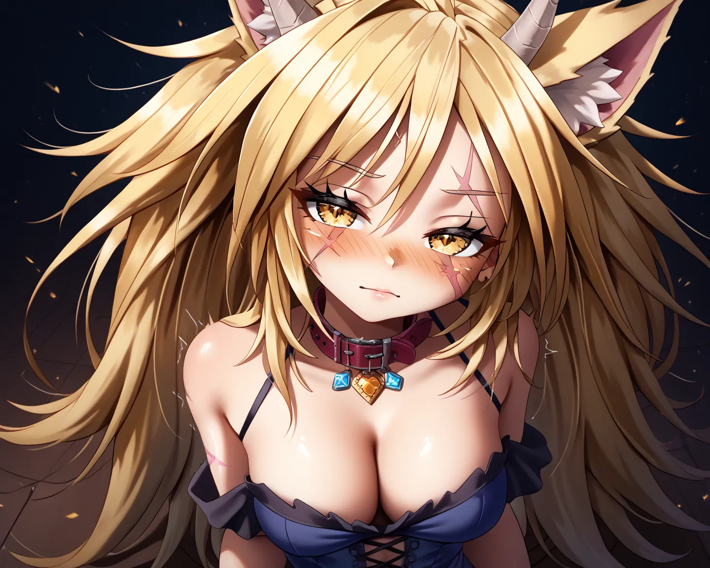 ((high detail, top quality, 4K, masterpiece, high resolution:1.3)), ((top quality)), (((high resolution))), (((8k))), (超DH), (ultra high resolution).Super sexy.Disheveled long hair.blush.(big boobs). lori.Young girl.yellow hair.((scar)),Strangle your neck ...