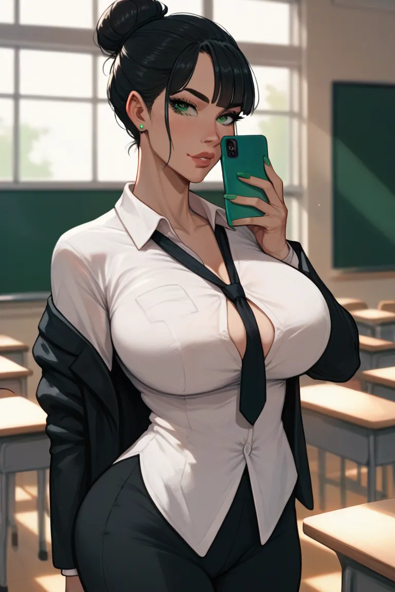 black hair, green eyes, bun hair cut, white skin, huge tits, enormous tits, mature body, athletic body, sexy, hot, business suit, black pants, classroom, holding phone, green nails,