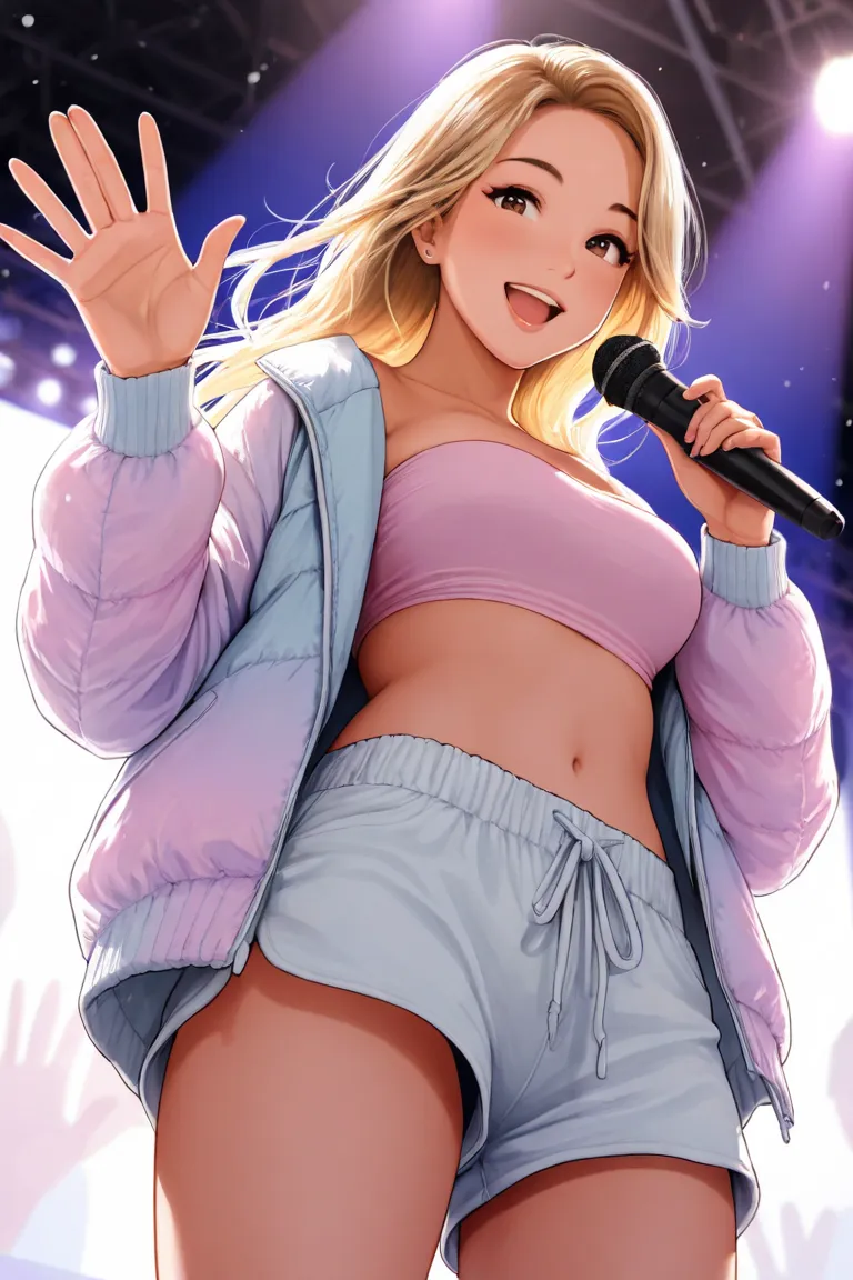 Japanese woman, blonde hair with light pink gradient, holding a microphone, wearing shorts, performing, tube top, jacket, 20-year-old, waving at the camera, delightful, from below, cowboy shot, long hair, looking at viewer