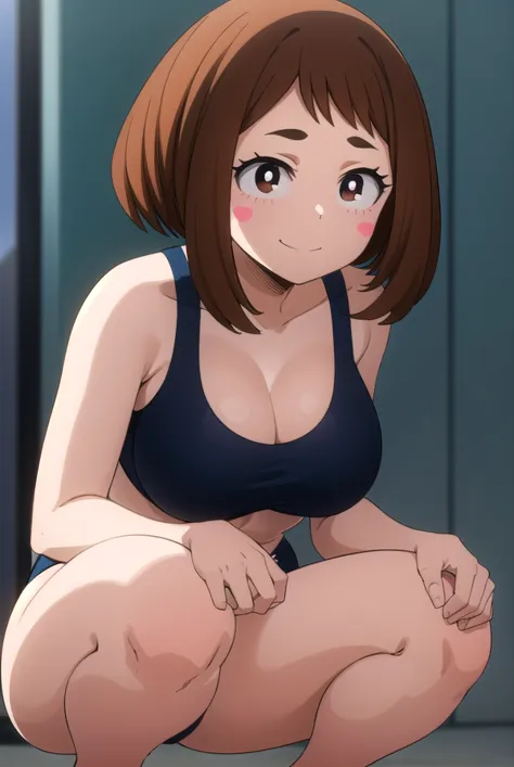 ochakouraraka, Ochako Uraraka brown hair, short hair, blush, blush stickers, smile, Pretty face brown eyes 
 Ahegao Big Breasts,thick thighs braiwasing mind control,hypnosis,hypnotized,empty eyes,heart-shaped pupils purple swimsuit bare stomach (squatting,...