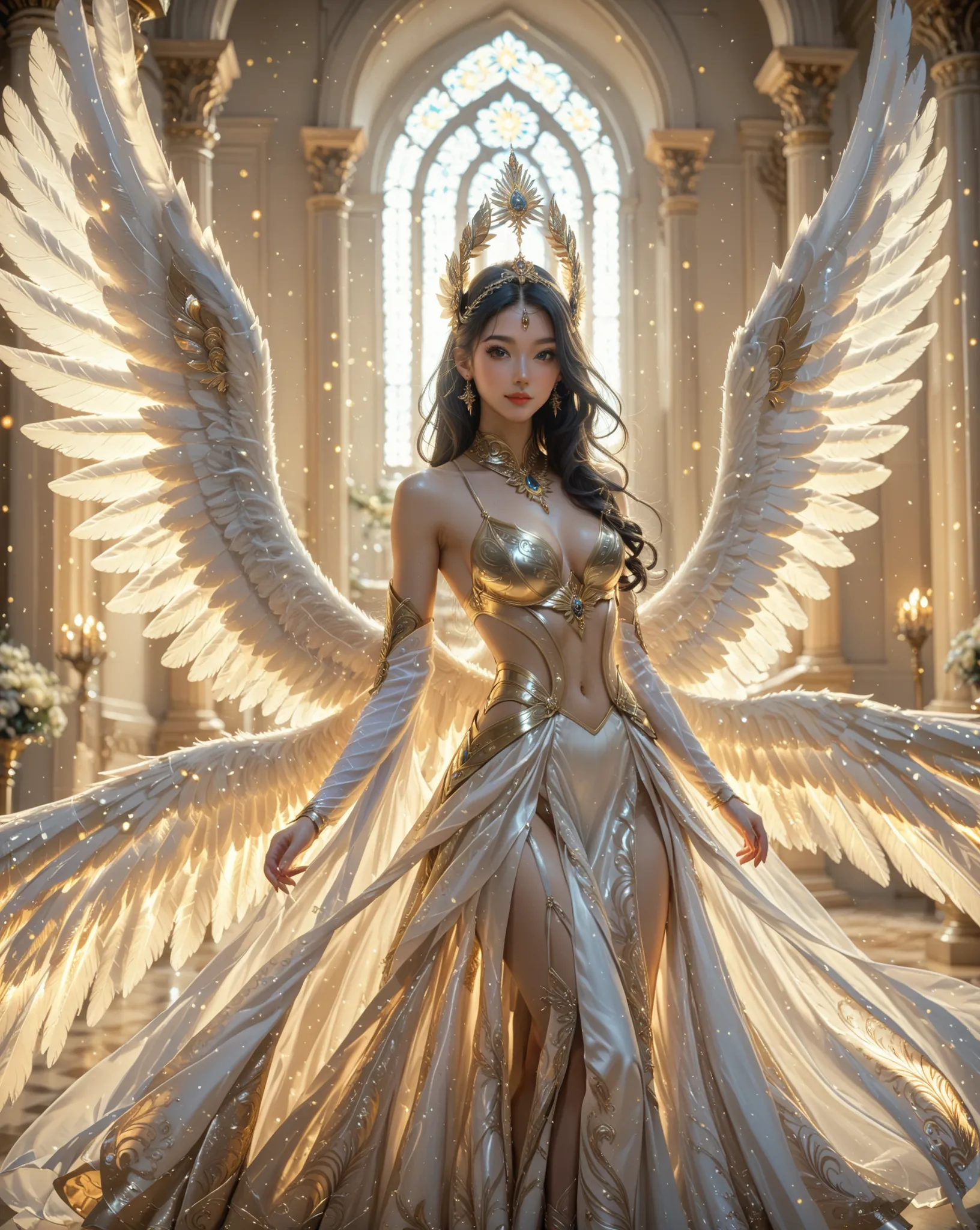 A majestic angel with ((8 large spiritual wings)) glows softly with (a divine aura), wearing an ornate and large masquerade mask that fully covers the eyes and part of the face, intricate mask design with luxurious golden patterns, mysterious and elegant, ...