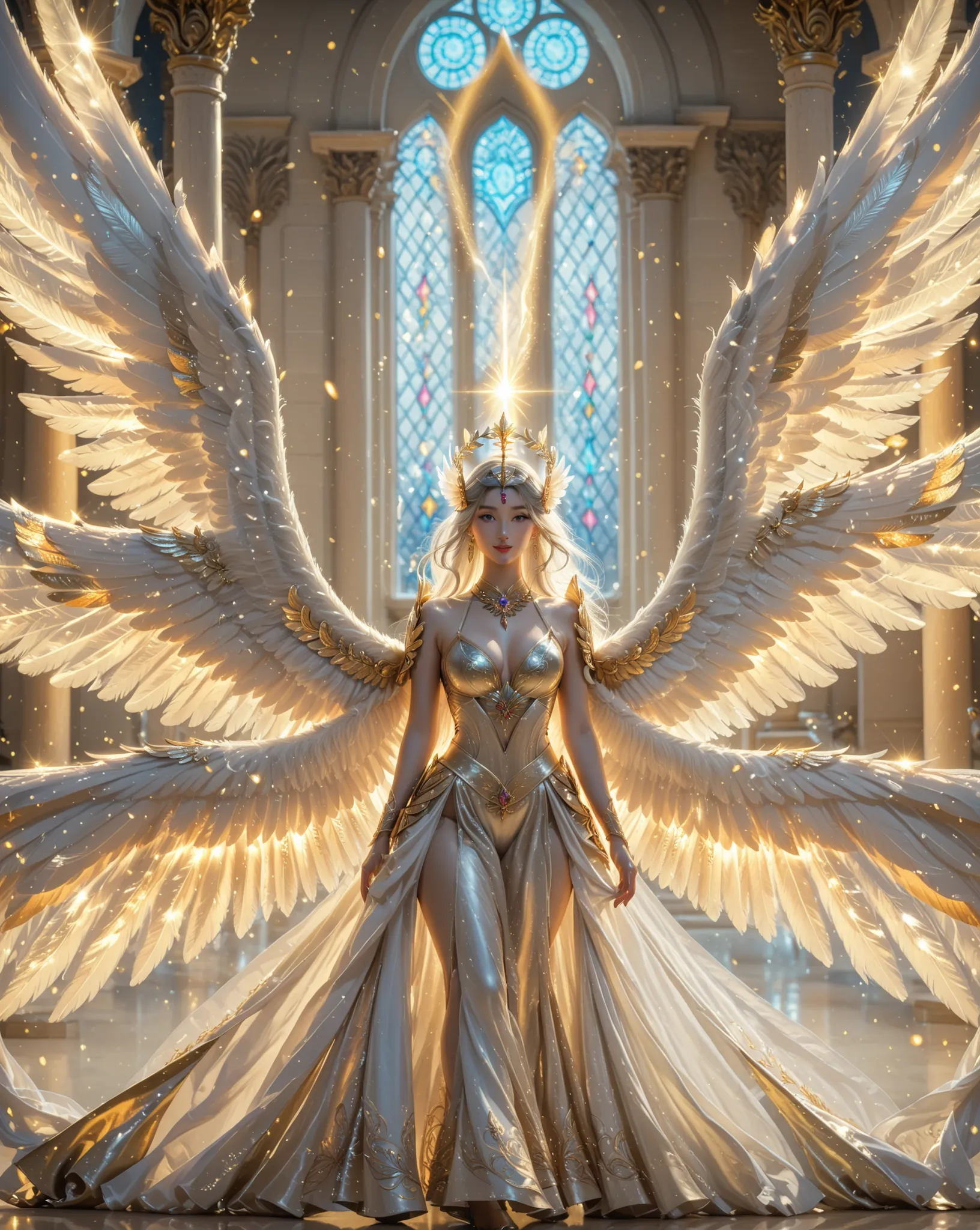 A majestic angel with ((8 large spiritual wings)) glows softly with (a divine aura), wearing an ornate and large masquerade mask that fully covers the eyes and part of the face, intricate mask design with luxurious golden patterns, mysterious and elegant, ...