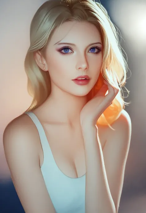 Her expression is confident yet elegant and elegant% Tom Cruise, 40% Maria Sharapova, and 50% Irina Valerievna Shaikislamova. Neatly arranged with natural waves,  high cheekbones , and big, Clear, smiling eyes. Warm lighting emphasizes the contours of her ...