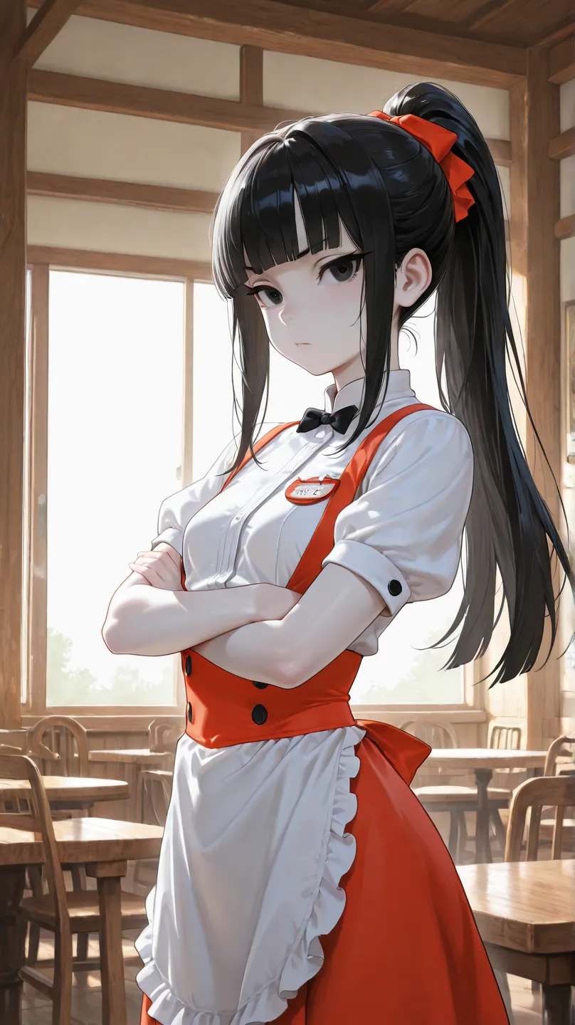 japanese,1girl,twenty,pale skin,small breasts,black hair,black eyes,ponytail,blunt bangs,detailed fingers,detailed hand
BREAK
anna miller ,waitress,name tag,high-waist skirt,red suspender skirt, apron
BREAK
tsurime,crossed arms,open stance,standing
BREAK
r...