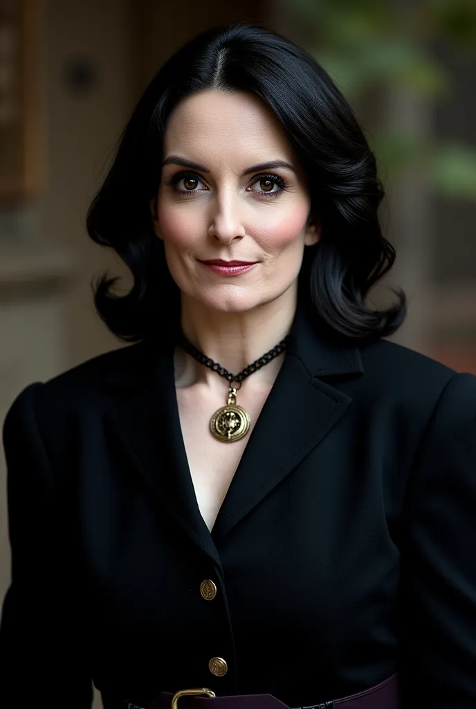 Tina Fey as a Miskatonic University professor. Female. Mysterious and Alluring Archeology Professor. Elegant with graying raven-black hair, pale skin, and piercing amber eyes. Always adorned in Gothic academic attire, with a necklace bearing an ancient sym...