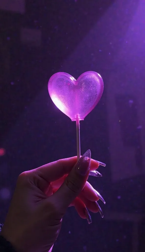 A close-up shot of a hand holding a small heart-shaped lollipop in a dimly lit, moody atmosphere. The lighting casts a deep purple hue over the scene, creating a dreamy, slightly blurred effect. The lollipop is translucent, glowing softly as it catches the...