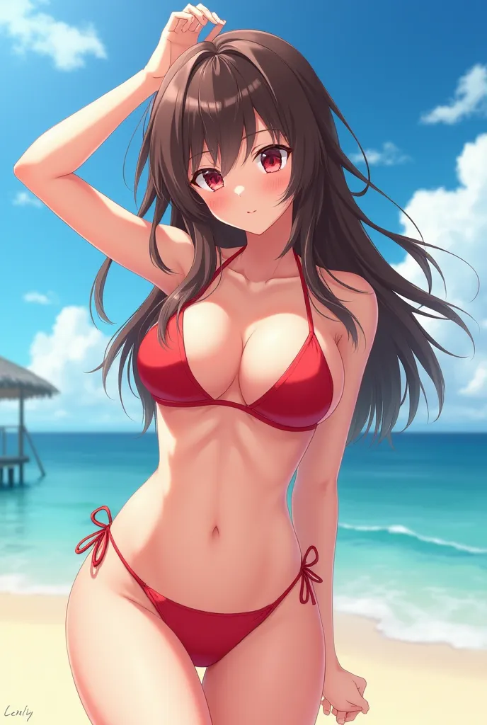 anime girl, wearing a red bikini, Full picture from head to toe,  long brunette , red eyed, full hd, beautiful, sexy, at the beach , facing the camera, clear image 