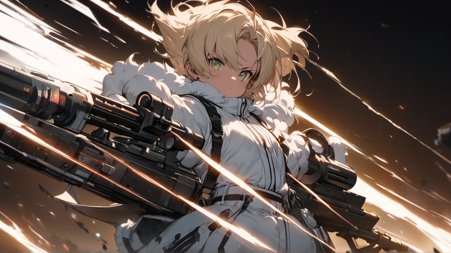  cute,  had very short boyish blond hair、cute boyish girl, Piercing Gaze , attractive proportions, Wearing a white uniform and gloves , has a machine gun, Background Diverse Punk, (super precise, Absolute Determination, best quality:1.3), 2.5D,  delicate a...