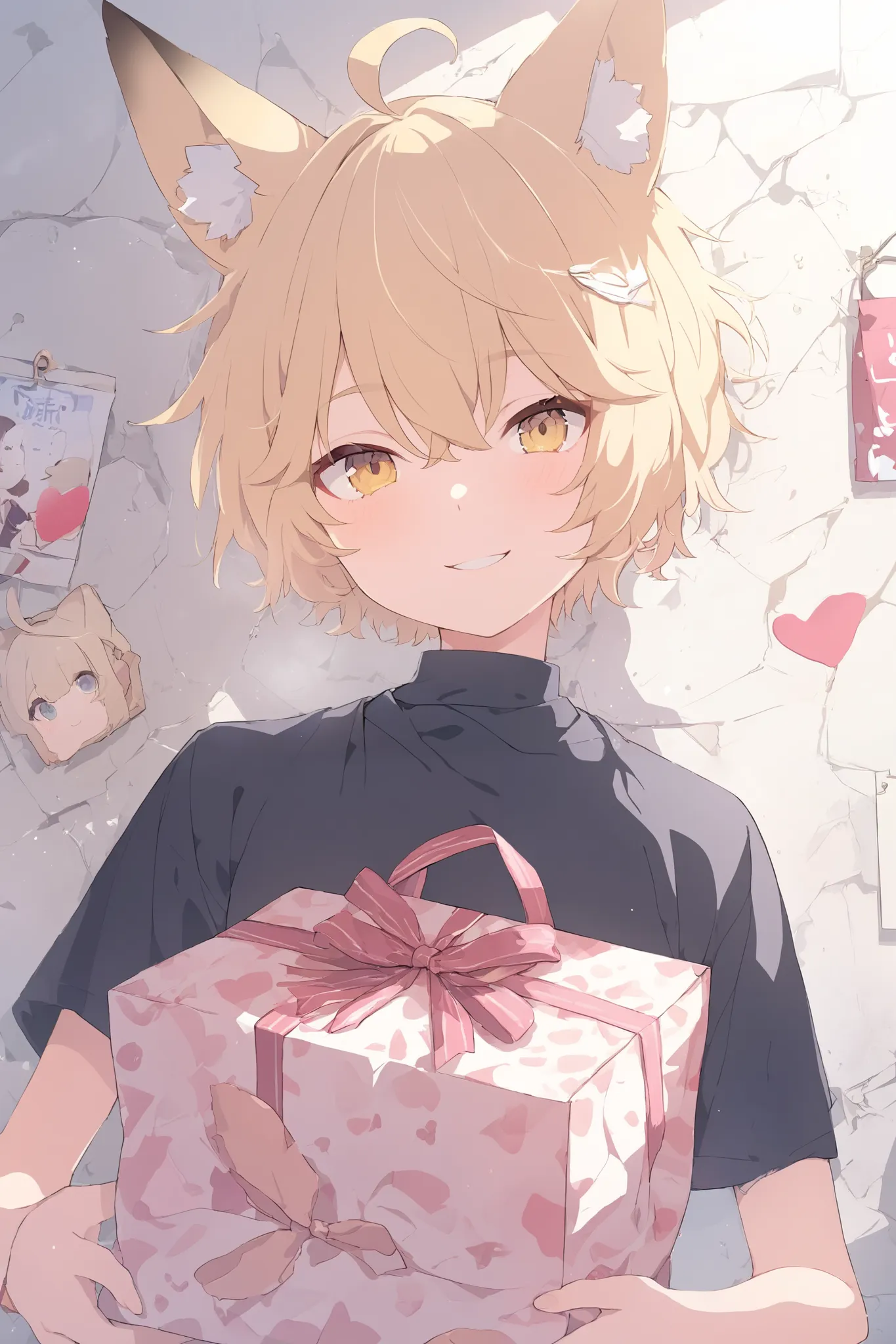 boy,Ahoge on the head,masterpiece, exquisite details,best quality, 一人のboy, Shota, alone, yellow short hair , bungs,yellow eyes, Yellow shortcut ,stupid hair,黄色い fox ears,  fox ears, high quality anime art style， Wall Picture ， Splash Ink Background,pink th...