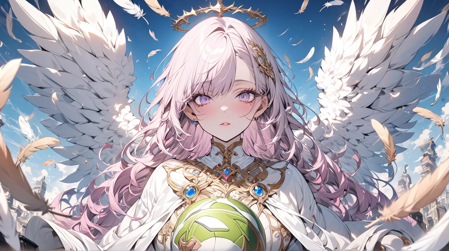 (( original photo )), ((masterpiece)), anthropomorphic angel girl wearing a white noble robe, complex details,  football, Intricate Gribble artwork , The sky behind, pink, Beautiful Feathers, Eye and lip details 