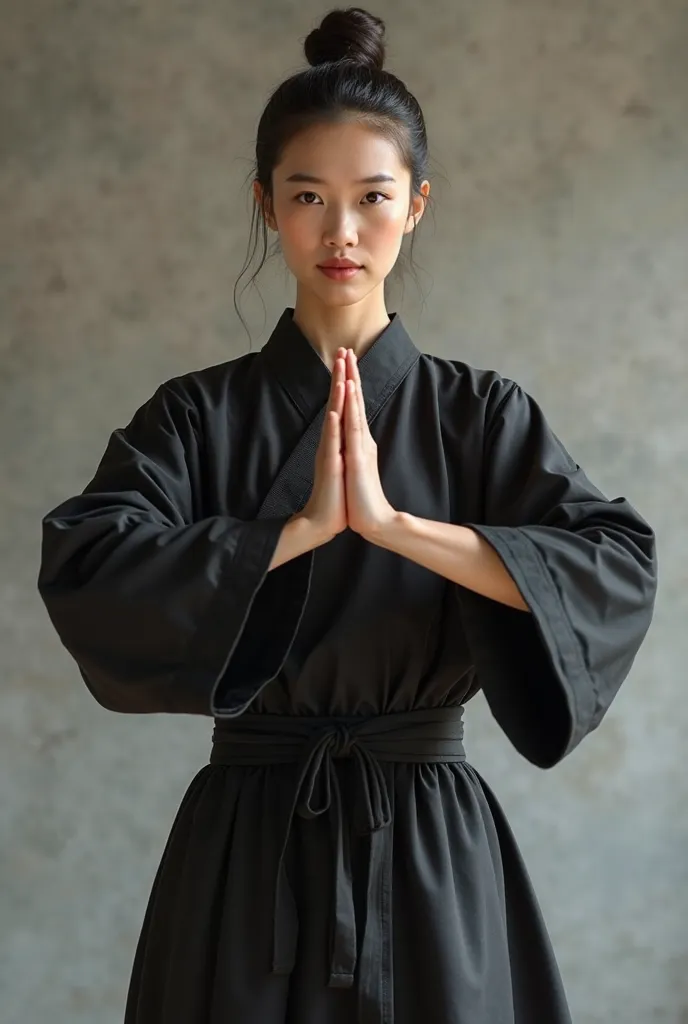 Martial arts greetings  by a woman  whose wearing  Black material arts dress  (face in front )