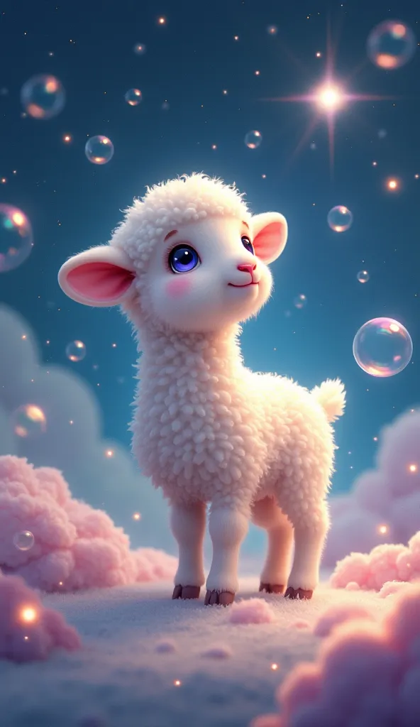 In a fantastic background、 A very cute lamb looking up while basking in the light of stars and bubbles。eyes are shining  、  Colorful dots of light are scattered around it  