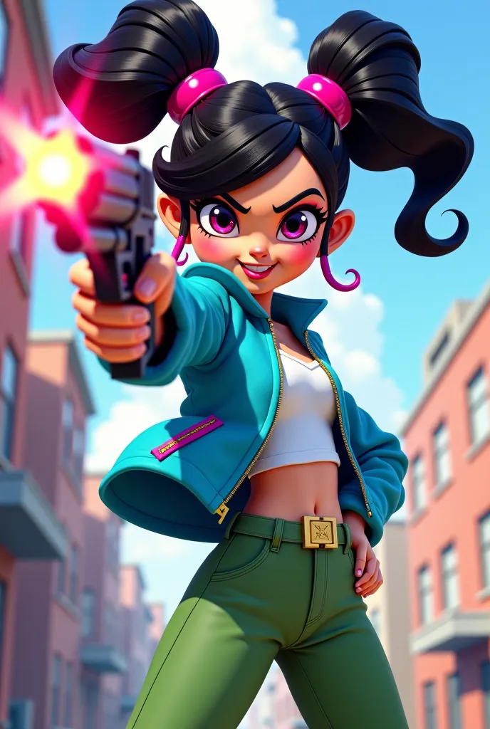 From Disney Vanellope Von Schweetz Is fighting With a Pistole Blue Jacket Zip Pink With Grün Hose  Frech Cool in Anime Style 