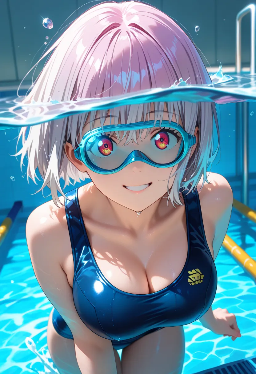 masterpiece, best quality, vibrant, very aesthetic, high contrast, photorealistic portrait,beautiful detailed face,detailed texture,detailed skin, newest,BREAK 1girl,shinjou akane, gridman universe,school swimsuit,separated swimming goggles on her eyes,flo...