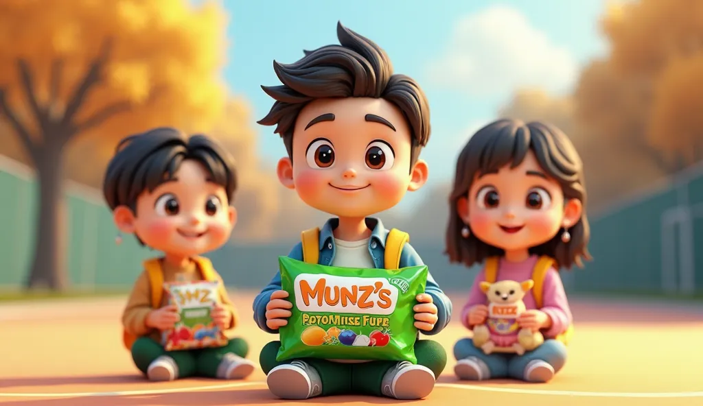 create 3D cartoon, Chibi style, a handsome Taiwanese 1male, 20-24 years old, has big sharp brown eyes, pearl skin, dark brown hair casual style, wearing an adventurous outfits (white t-shirt, denim jacket, green pant), smiling, full body, carrying a yellow...