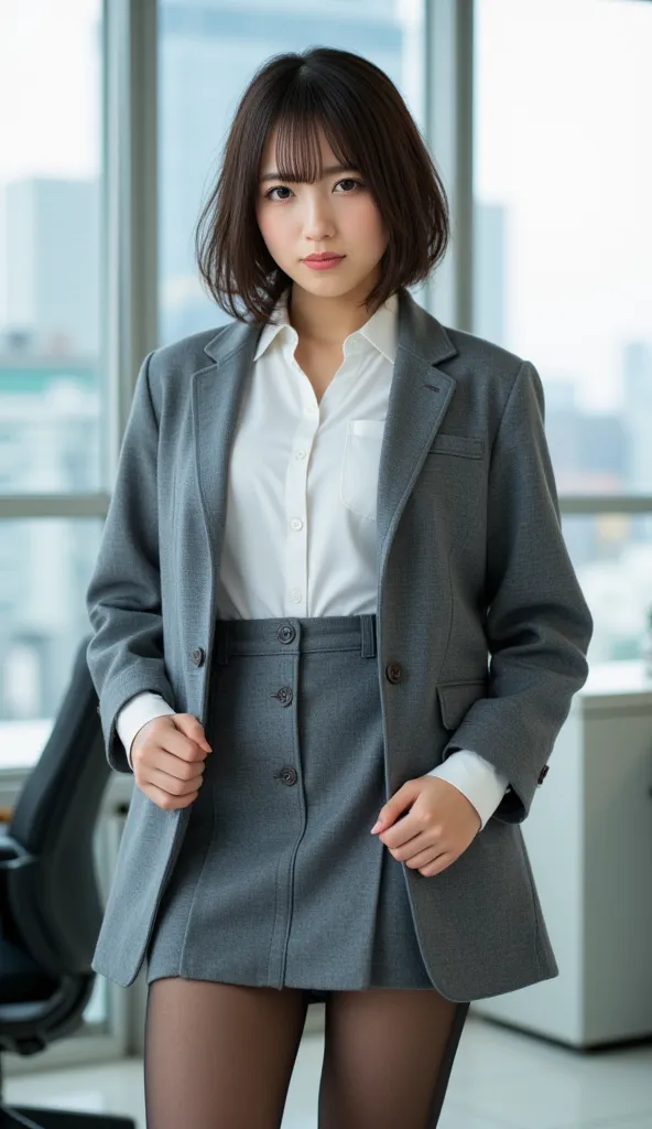 ((masterpiece,best image quality,photorealistic)), cute Japanese girls,1 person,short cut hairstyle,((white button shirt with gray jacket、gray fitted ultra super micro mini skirt:1.4、black panty house、high heels))、Office view、 standing、 plump body 