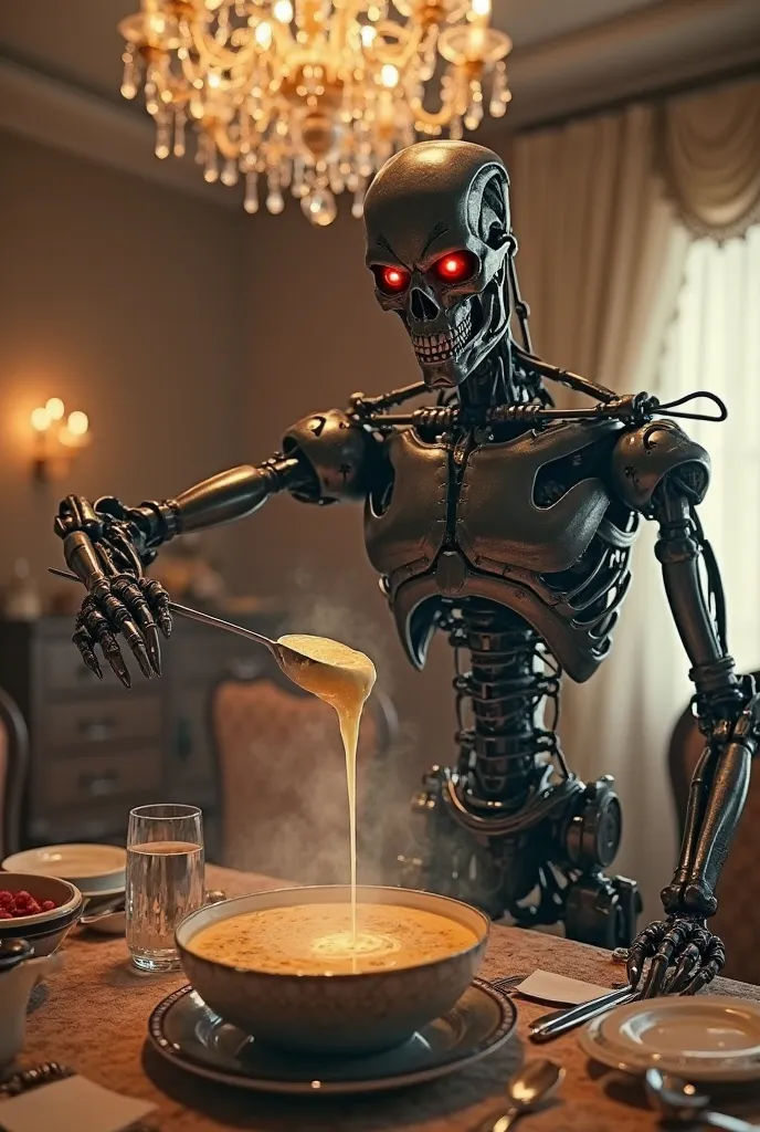 a terminator with a ladle in the dining room pours soup in a kokoshnik