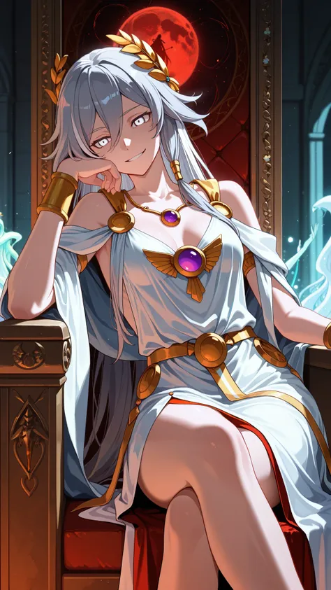 1girl, (solo:1.3), female focus, upper body focus, cowboy_shot, sitting on a throne, crossed legs, long shot, long hair, gray hair, white hair, (FuHua, Fol005, Fh_Hos, fu hua:0.97), white eyes, villainess, yandere expression, gesugao, resting head against ...