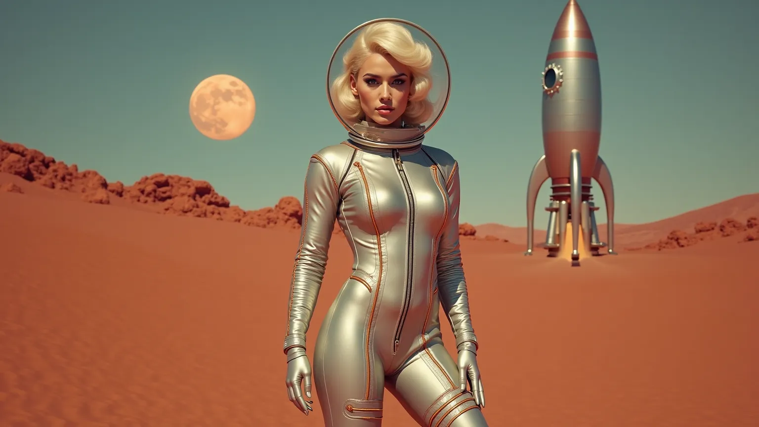 "Retro space explorer with platinum blonde bouffant hair, wearing a silver form-fitting spacesuit with copper piping details, clear bubble helmet, and thigh-high boots. She stands on a crimson Martian landscape with two moons overhead and a chrome rocket w...