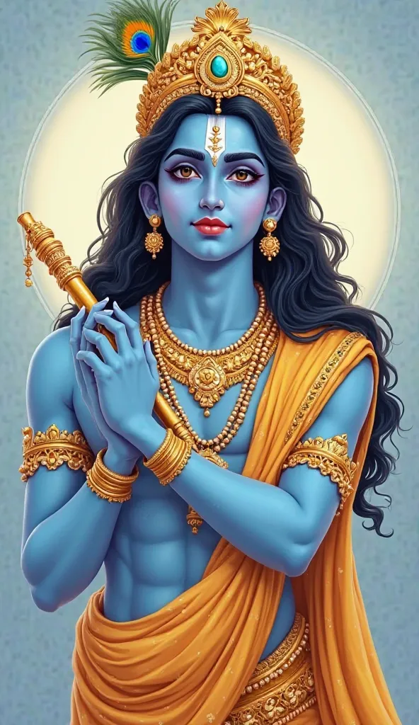 modern digital illustration of Lord Krishna in a soft and elegant style. He has blue skin and delicate facial features, with a calm and serene expression. His long, wavy black hair cascades down, adorned with a golden crown decorated with intricate details...