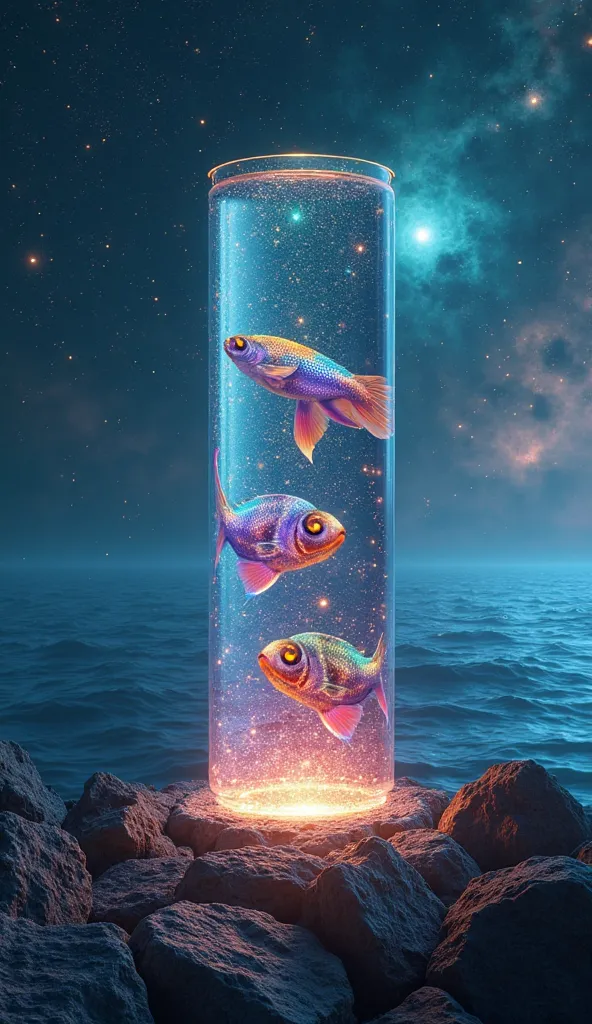 "Create a high-resolution image of a distant oceanic planet, where the sea stretches to infinity under a cosmic sky filled with nebulae and distant galaxies. In the foreground, place a cylindrical glowing aquarium with ethereal fish swimming inside. The fi...