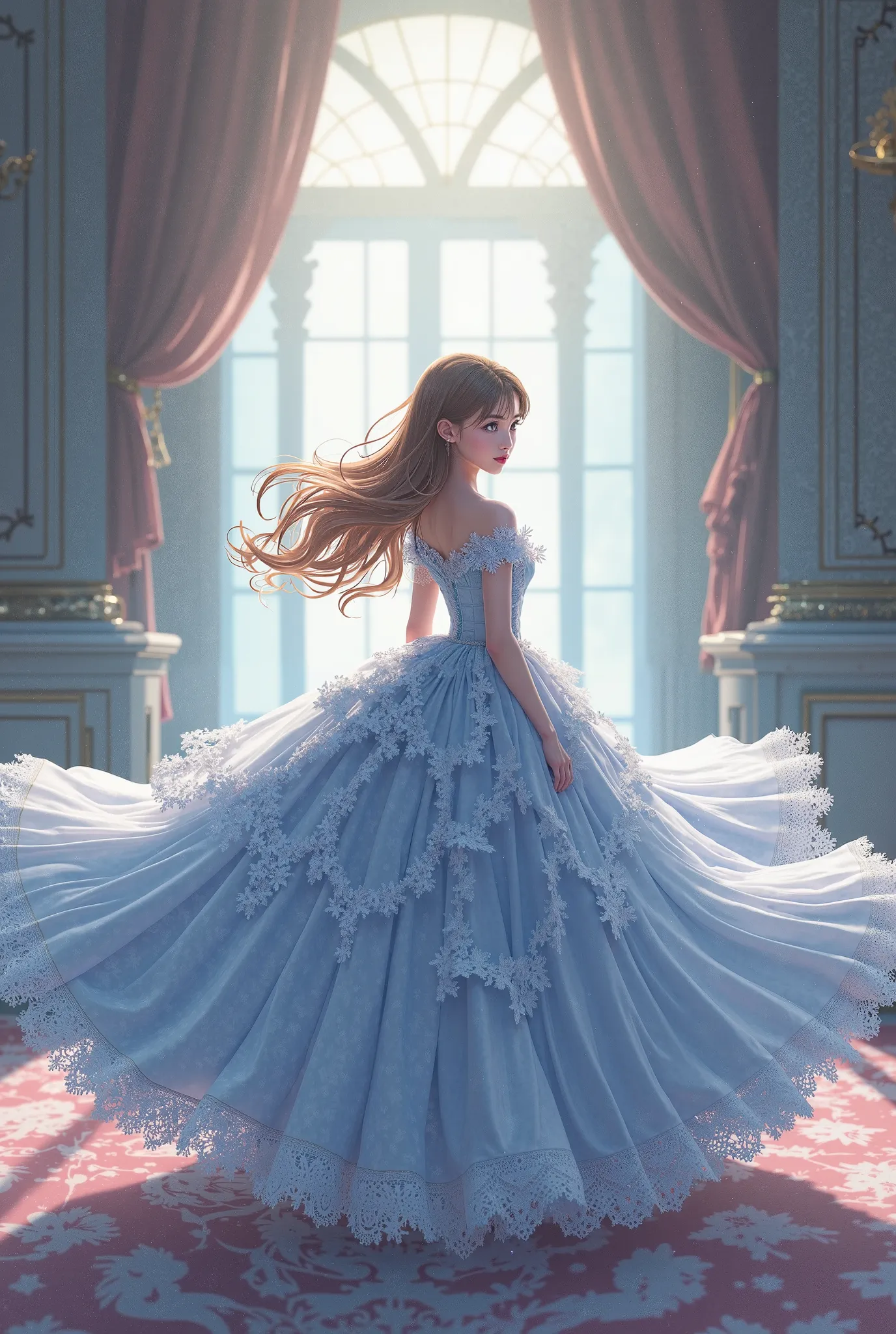 Generate an image of an anime girl in a big ball gown inspired by cinderella's 2015 live action dress with her twirling in the big dress that touches the floor