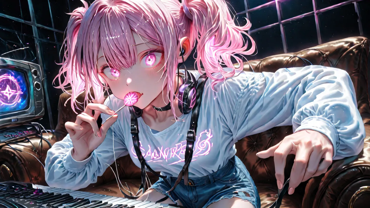 A girl with disheveled holographic pink hair eating a glowing lollipop, leaning over a vintage Roland Jupiter-8 synthesizer in a neon-lit recording studio,  
[Scene Enhancement]  
- Synth Closeup：x} panel covered with flashing LED lights and knobs，cable wr...