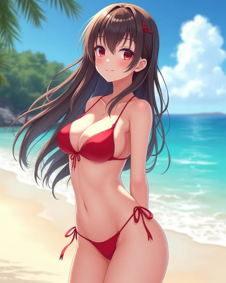 anime girl, wearing a red bikini, Full picture from head to toe,  long brunette , red eyed, full hd, beautiful, sexy, at the beach , facing the camera, clear image 