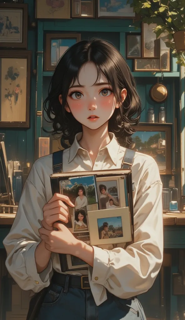 Highest quality, ultra high quality, 16K, incredibly absurd, highly detailed, 2.5D, delicate and dynamic, beautiful woman, desperately hiding her own photo album behind her back, panicked expression, refusal, rejection, flushed face,