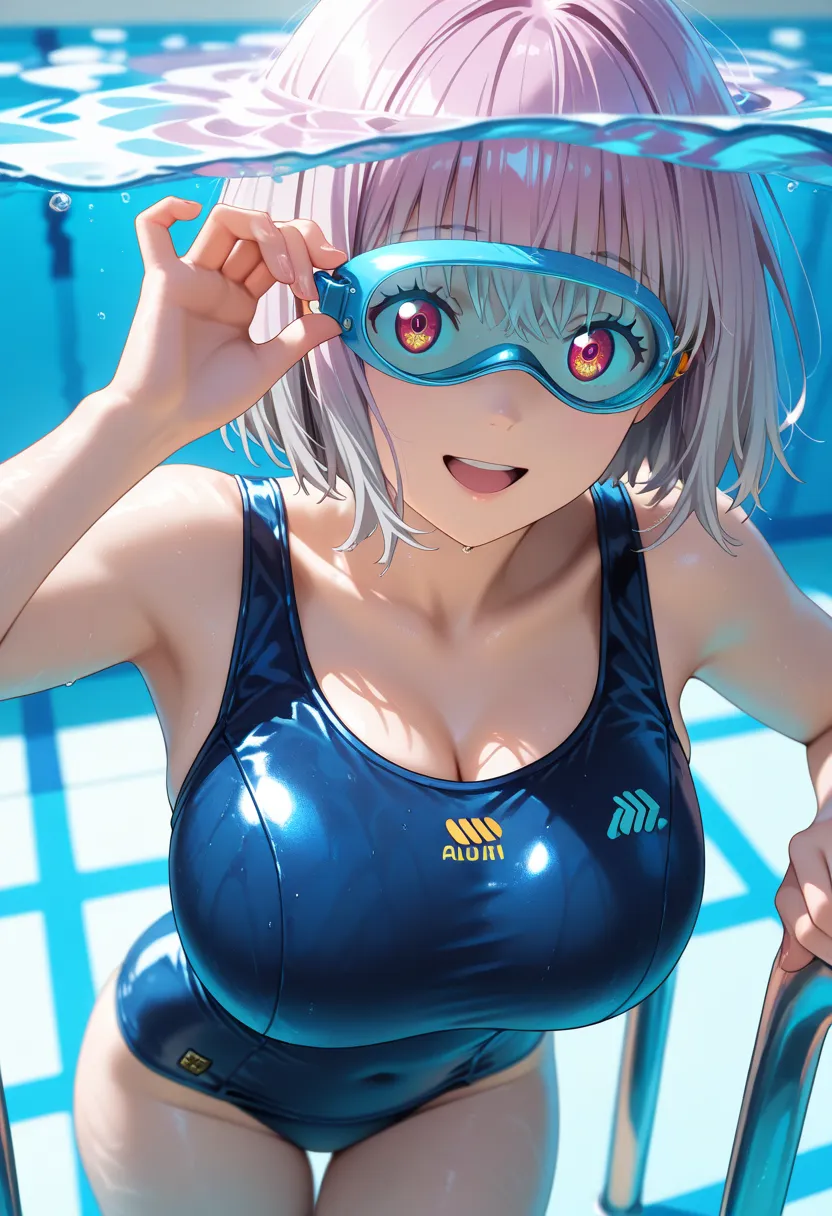 masterpiece, best quality, vibrant, very aesthetic, high contrast, photorealistic portrait,beautiful detailed face,detailed texture,detailed skin, newest,BREAK 1girl,shinjou akane, gridman universe,school swimsuit,separated swimming goggles on her eyes,flo...