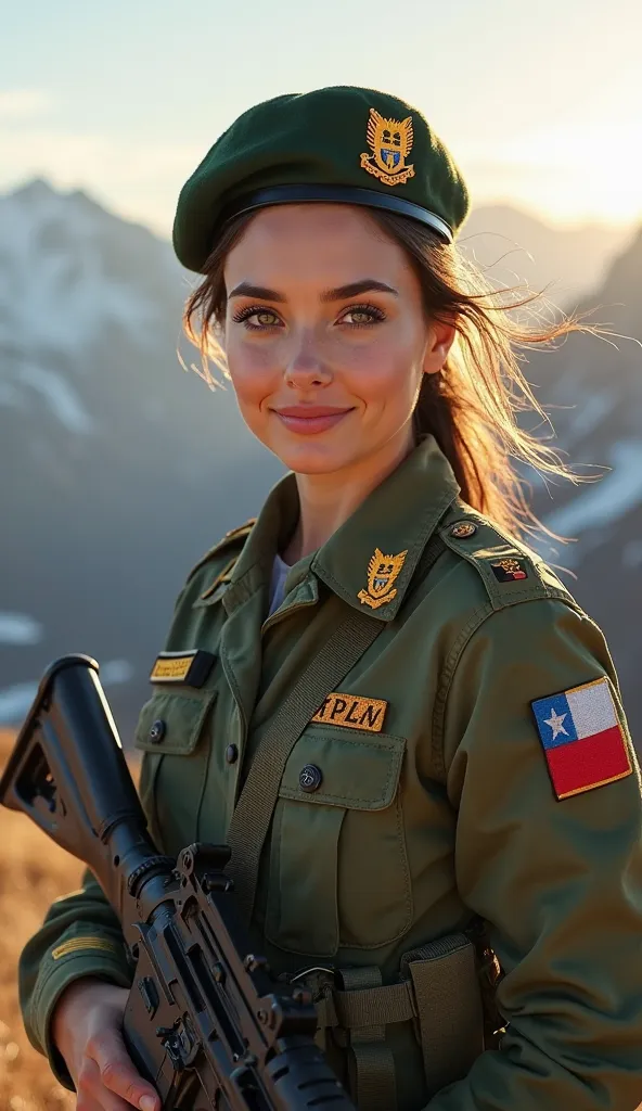 "Ultra-realistic 8K portrait of a stunning Chilean female soldier in a crisp olive-green military uniform with gold insignia, standing atop the Andes Mountains. Strong athletic build, glowing porcelain skin, 46-inch chest, holding a FAMAE SAF assault rifle...