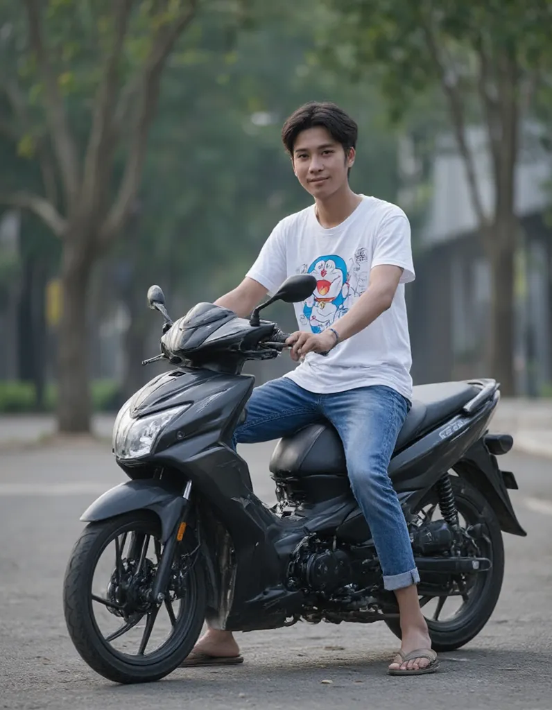 Cinematic-style photograph,  A handsome Asian young man sits on a black Yamaha automatic motorbike wearing a loose white t-shirt with a picture of Doraemon and blue jeans above the knee and wearing flip-flops.speak motor The Honda PCX 160 2024 motorcycle h...