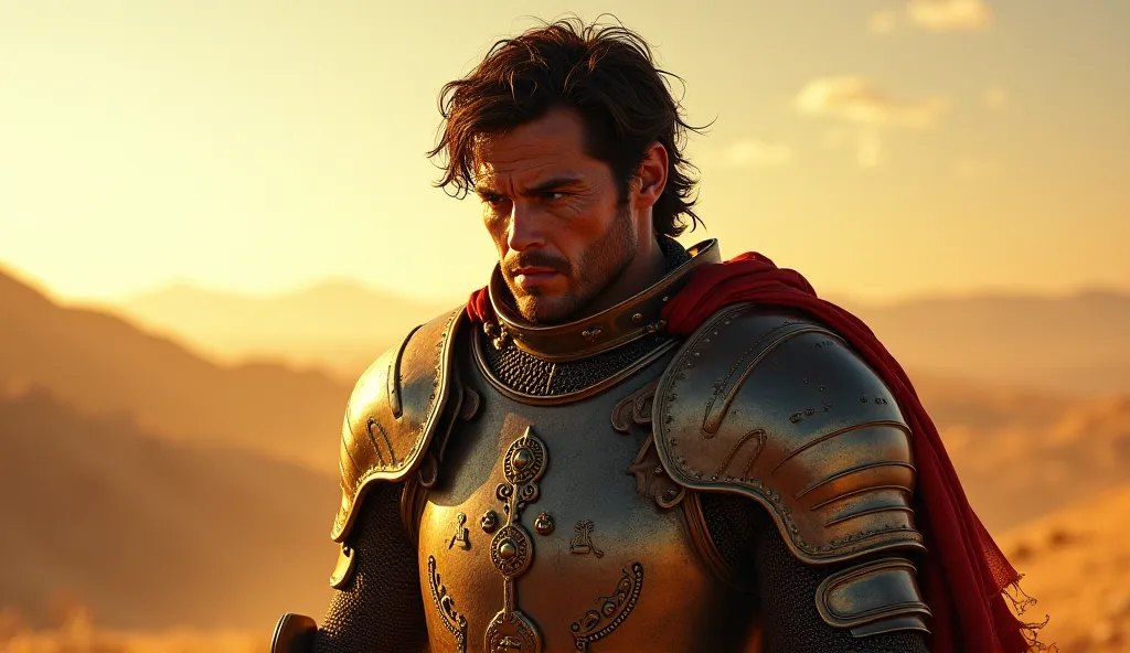 A dramatic portrait of Coronado in his armor, looking exhausted and defeated, standing in a barren landscape under the hot sun."