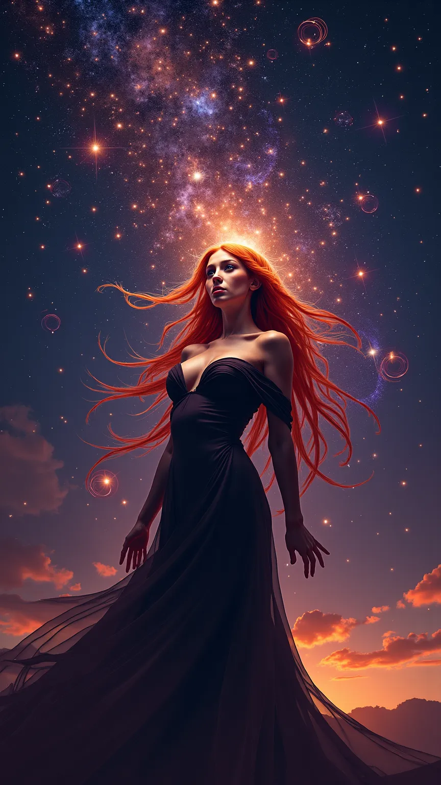 Photo,  wearing a woman in a dress , red hair, big breast, twilight, stars, the matrix of fate in the sky