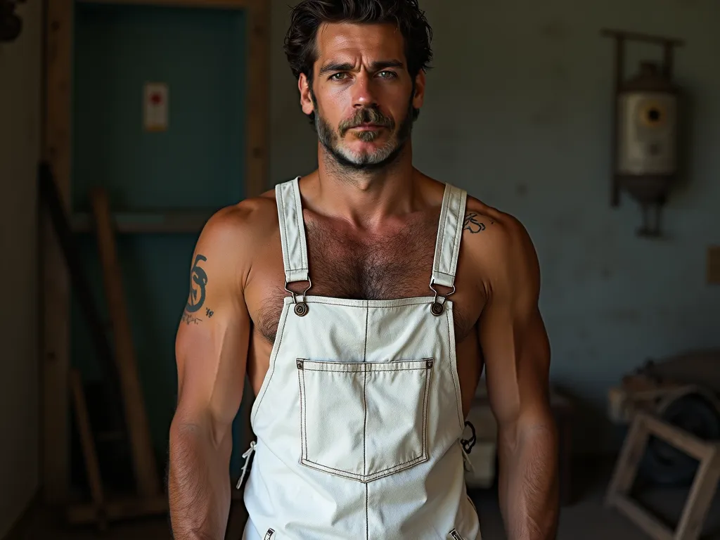  photography , HD , work of art , Chico Cuerpo Athletico , 36 years old , shirtless, white denim bib , gorra stussy , mechanic , f , sweat , sexy,  Attractive man ,  chest hair. peto desabrochado , peto caido , cuerpo completo 