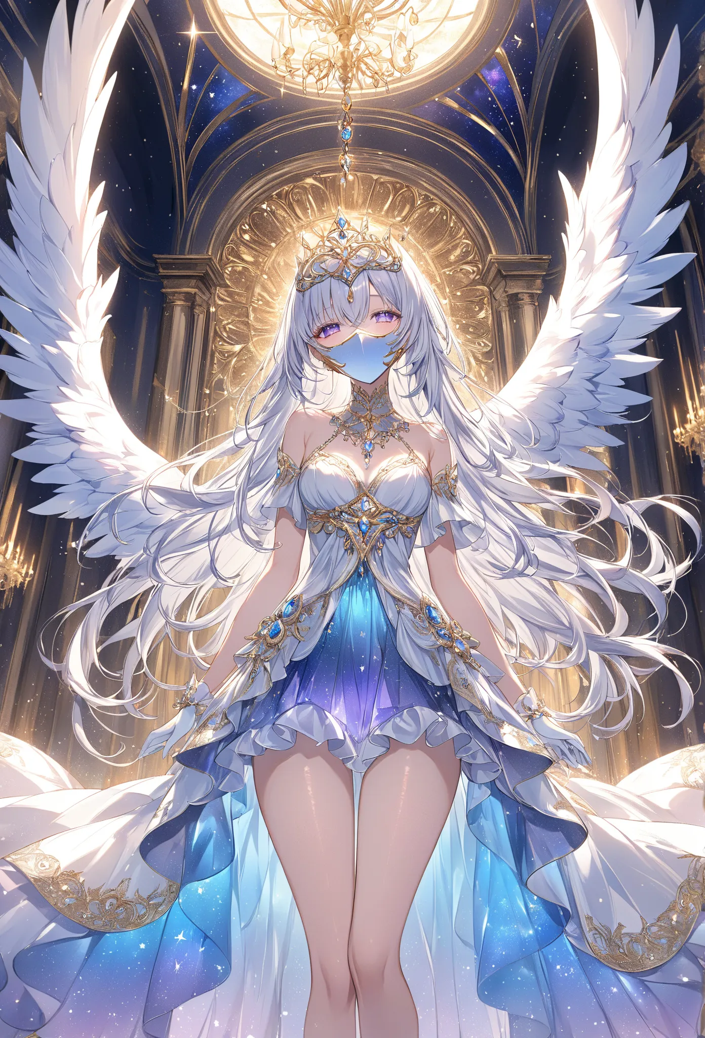 A celestial goddess with long, braided silver hair, smiling gracefully. She wears an elegant, celestial-themed gown adorned with sparkling sequins and beads, inspired by the grandeur of the heavens. The dress is light blue, purple, or silver, reminiscent o...