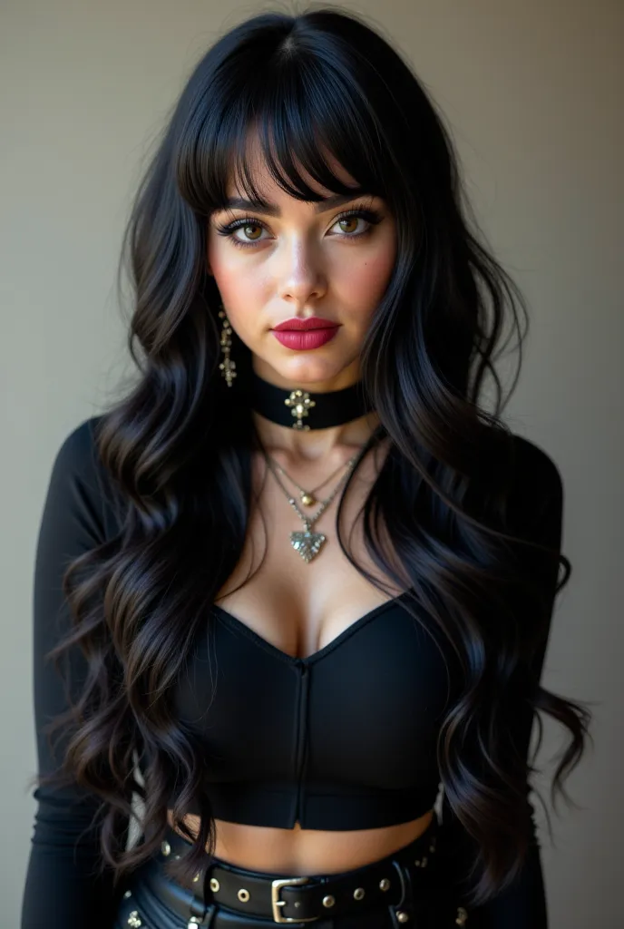 A young, photogenic woman with long, wavy black hair and elegant bangs. Her lips are medium-sized and well-defined, highlighted by a bold lipstick. Her face has an expressive look and intense makeup, with eyes highlighted by black eyeliner. Her body is cur...